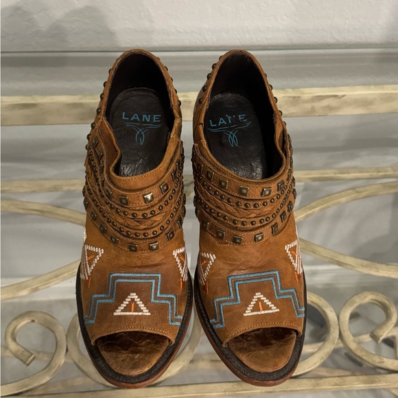 Lane boots Shoes - Lane Brown Peep Toe Booties with Embroidered Design
